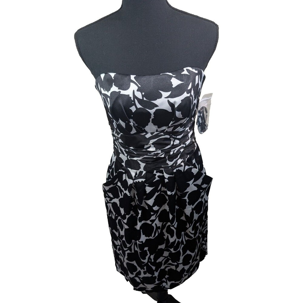 David's Bridal Mini Dress Cocktail White Black Floral Strapless Pockets Size 6